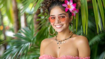 sonriente mujer con rosado Gafas de sol y tropical flor foto