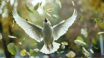 Elegant Dove in Flight Among Autumn Leaves photo