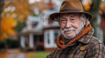 sonriente mayor hombre vistiendo sombrero y bufanda en otoño foto