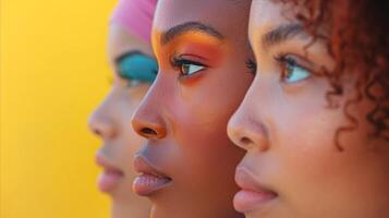 Profile View of Three Diverse Women Against a Yellow Background photo