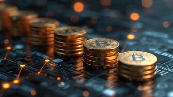 Stacks of Bitcoin Coins on a Circuit Board Background photo