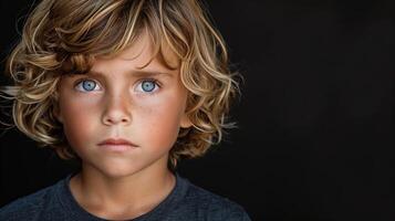 retrato de un joven chico con azul ojos en contra un negro antecedentes foto