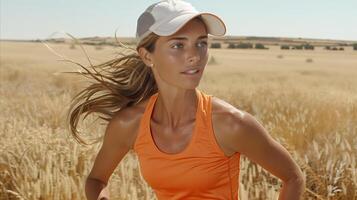 Woman Running Through Golden Wheat Field at Sunset photo