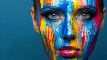 Colorful Paint-Drenched Face Against Blue Background photo