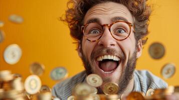 Excited Man With Flying Coins Against Orange Background photo