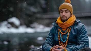 sereno invierno meditación por un Nevado lago foto