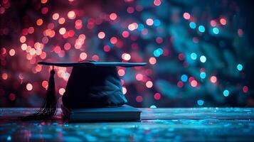 Graduation Cap on a Book Against a Bokeh Background photo