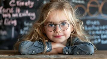 joven niña con lentes descansando barbilla en manos a escritorio foto