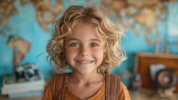 A cheerful young boy grinning happily, wearing a backpack and ready to explore new places. photo