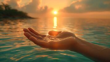 Golden Sunset Reflected in Outstretched Hand Over Sea photo