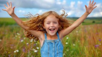 Joyful Young Girl Frolicking in a Wildflower Meadow During Summer photo