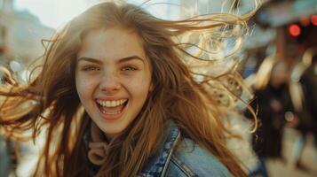 alegre joven mujer con azotado por el viento pelo en soleado ciudad calle foto