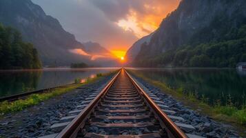 Serene Sunset Over Railway Tracks in Mountainous Landscape photo