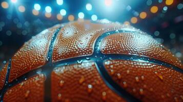 de cerca de agua gotas en baloncesto en tenuemente iluminado arena foto