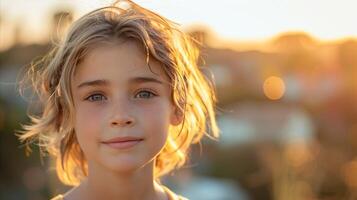 Golden Hour Portrait of a Young Girl With Sunlit Hair photo