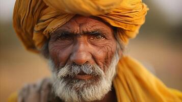 Close-Up Portrait of an Elderly Man With Turban at Dusk photo