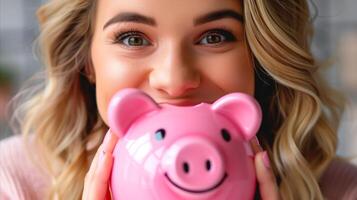 Smiling Woman Holding a Pink Piggy Bank Indoors photo