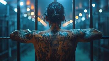 Tattooed Person Gazing Out Through Bars at Night photo