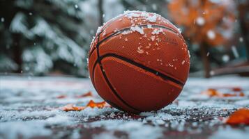 Snow-Dusted Basketball on Outdoor Court in Winter photo