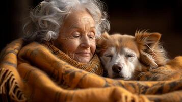 oferta abrazo Entre mayor mujer y soñoliento perro envuelto en cobija foto