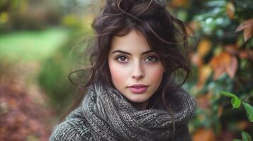 otoño retrato de un joven mujer en un acogedor bufanda foto