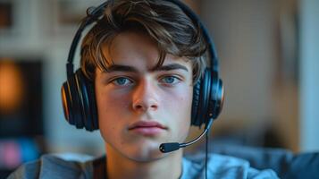 joven hombre vistiendo auriculares con micrófono adentro foto