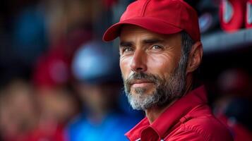 pensativo béisbol entrenador observando el juego desde el refugio subterráneo foto