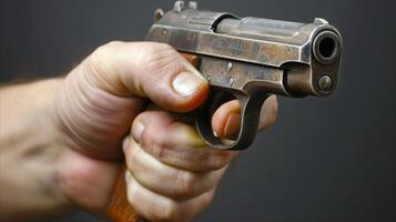 Close-Up of a Hand Holding a Pistol Aimed Forward photo