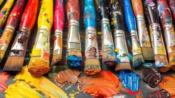 Colorful Paintbrushes on a Vibrant Artists Palette photo