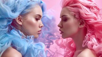 Vivid Portrait of Two Women With Colorful Curly Hair photo