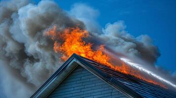 Intense Blaze Engulfs House Roof at Dusk photo