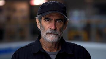 retrato de un mayor hombre vistiendo un negro gorra al aire libre a crepúsculo foto