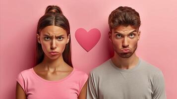 Upset Couple Standing Against Pink Background With Heart Symbol photo