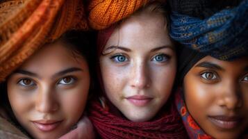 Tres mujer cubierto en vistoso bufandas exhibiendo cultural diversidad foto
