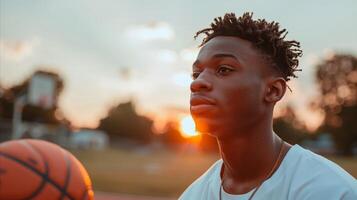 joven baloncesto jugador a puesta de sol en al aire libre Corte foto