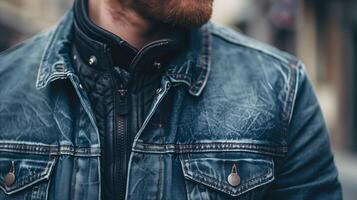 Close-Up of Man in Denim Jacket on a City Street photo