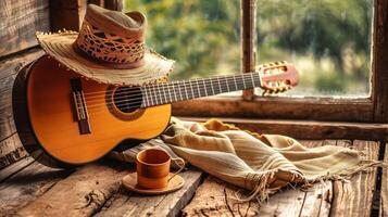 sereno país Mañana con guitarra y vaquero sombrero foto