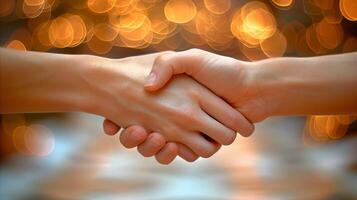 Warm Handshake Between Two People Against Blurred Lights Background photo