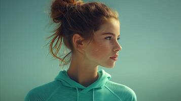 Contemplative Young Woman in Teal Hoodie Against Aqua Backdrop photo