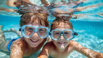 Underwater Smiles of Two Young Swimmers Wearing Goggles photo