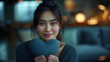 Young Woman Holding Heart-Shaped Object, Indoor Evening Setting photo