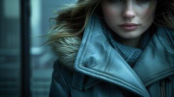 retrato de un mujer en un cuero chaqueta en un nublado día foto