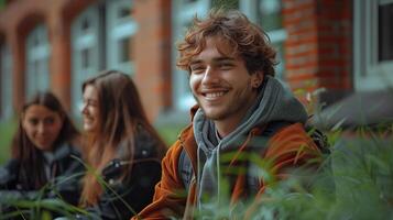 sonriente joven hombre con amigos fuera de instalaciones edificio durante otoño foto