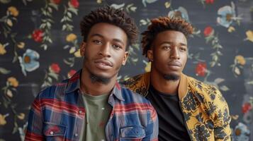 Twin Brothers in Casual Wear Against Floral Backdrop photo