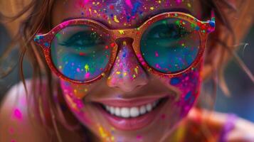 vistoso holi celebracion de cerca de un alegre mujer vistiendo Gafas de sol foto