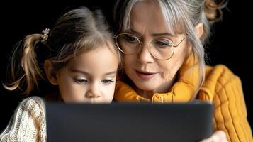 abuela y nieta disfrutando tableta hora juntos foto