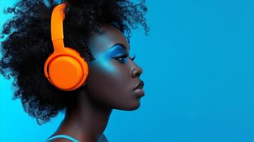 Striking Portrait of Woman With Orange Headphones Against Blue Background photo