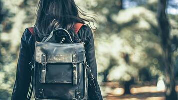 Woman Wearing Backpack Strolling Through the Park photo