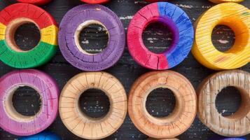 Colorful Wooden Rings on Dark Wooden Background photo