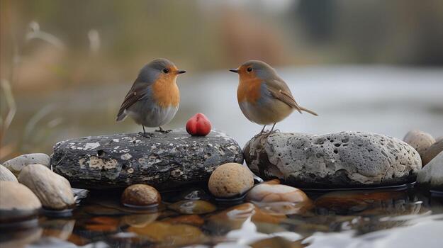 Two Robins Perched on a Riverbank Rock With a Berry photo
